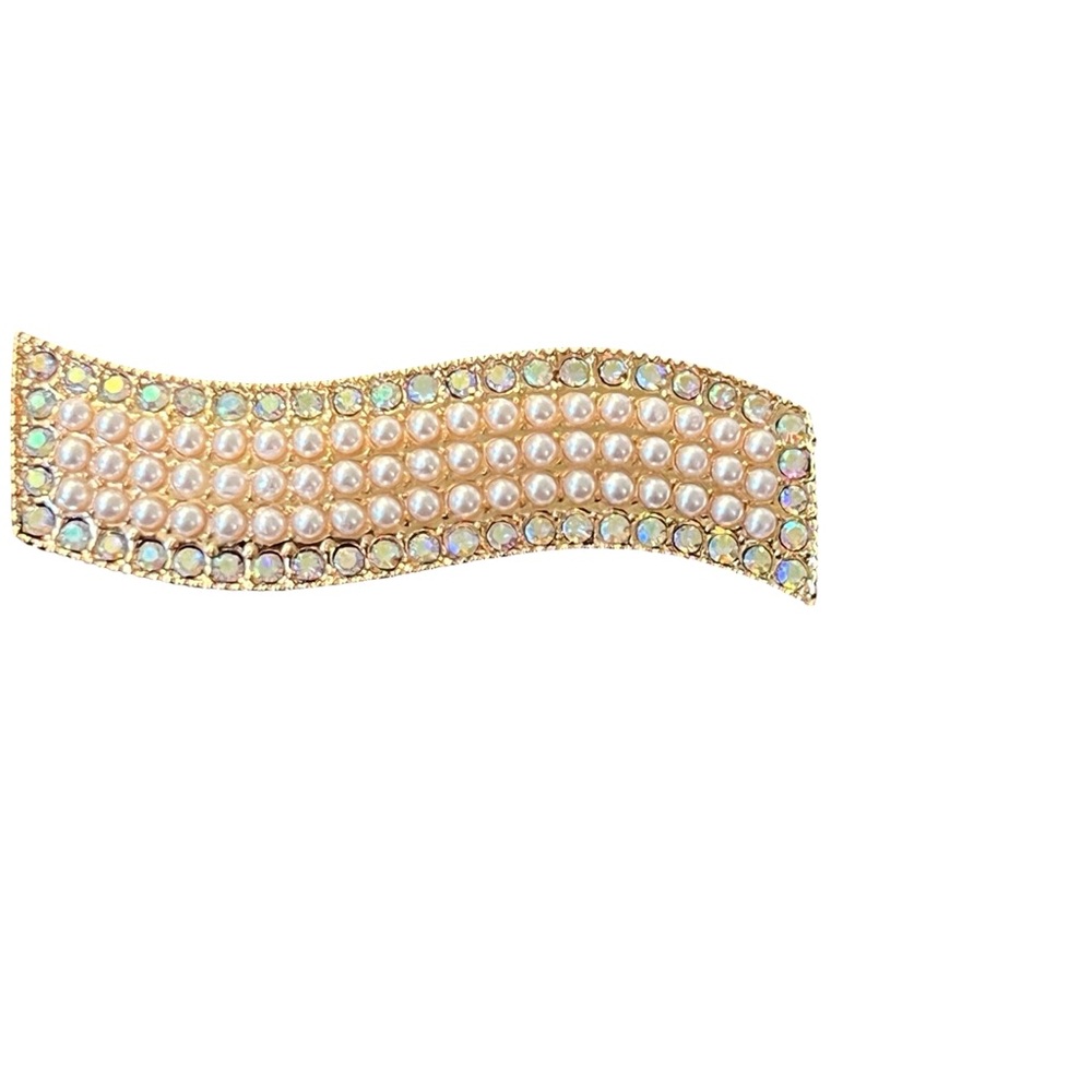 Elegant iridescent Crystal Rhinestone Gold and Pearl Hair Clip approx 2.75”